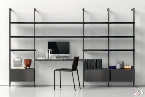 Adriano modular wall bookcase with poles with desk