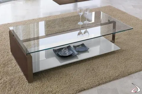 Tavolino basso quadrato con due ripiani in vetro Fan