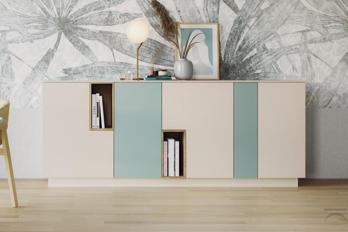 Credenza moderna capiente da soggiorno in laccato opaco con vani a giorno