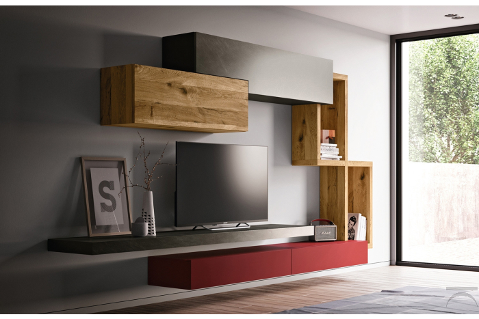 Mobile soggiorno sospeso contemporaneo in rovere e laccato opaco Mobile soggiorno sospeso contemporaneo in rovere e laccato opaco