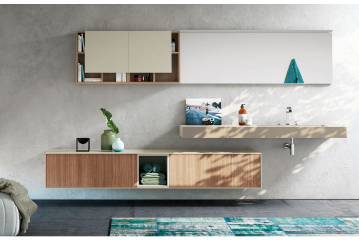Mobile bagno moderno ampio con top scatolato e pensili design con vani a giorno