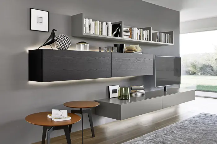 Parete Attrezzata Mobile Tv Pannello Sospeso E Boiserie Listelli Di Legno 4 Cassetti Colore Grigio