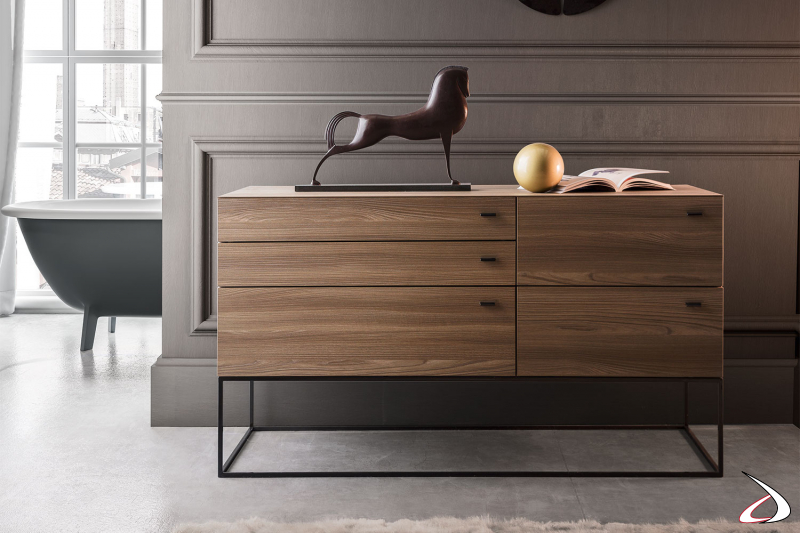 Dresser in satin-finished melamine, with hole handles. Drawer with special 45-degree internal cut-out and assisted closure.