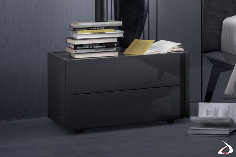 Nightstand with two drawers, with modern and linear design. A versatile piece of furniture also thanks to the possibility to customise its finishes