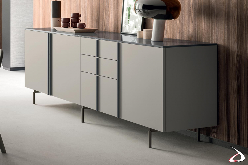 Modern long sideboard for living room with doors, drawers and high feet
