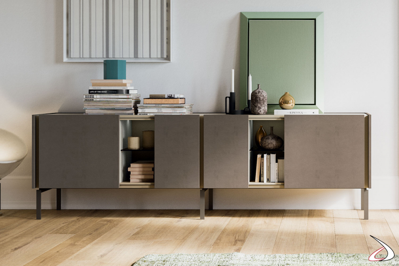 Design sideboard with doors and open compartments with high metal feet