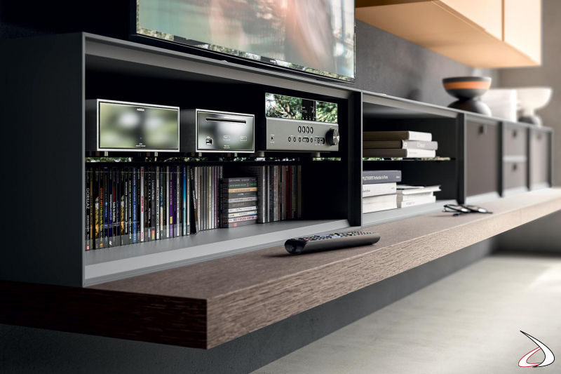 Design wall-hung living room furniture with large shelf and open compartments for decoder and CD player