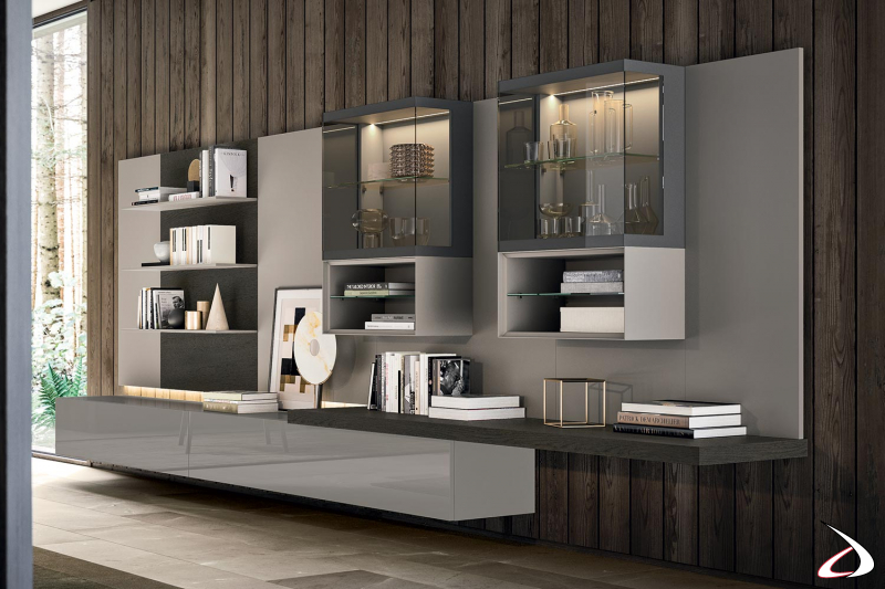 Design wall system with drawer bases and elegant display cabinets