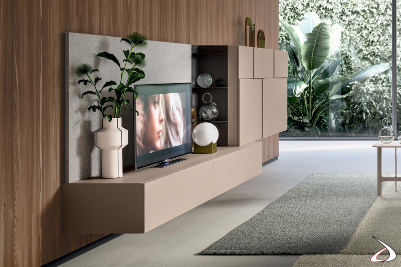 Moderno mueble de pared para el salón con muebles bajos para el televisor y muebles altos en forma de cubo