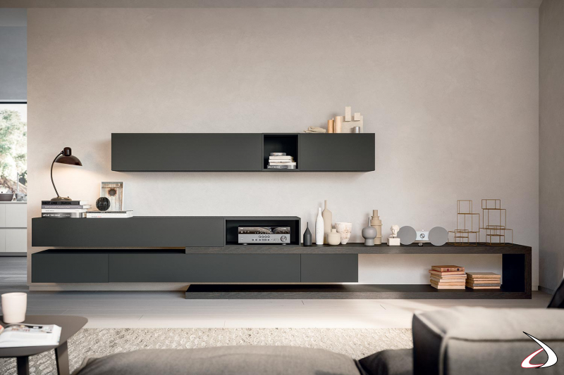 Modern wall-mounted living room unit with C-shaped shelf and wall units with push-pull opening