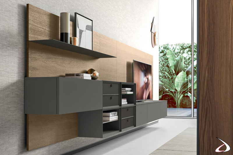 Modern suspended oak wall unit with matt lacquered wall units