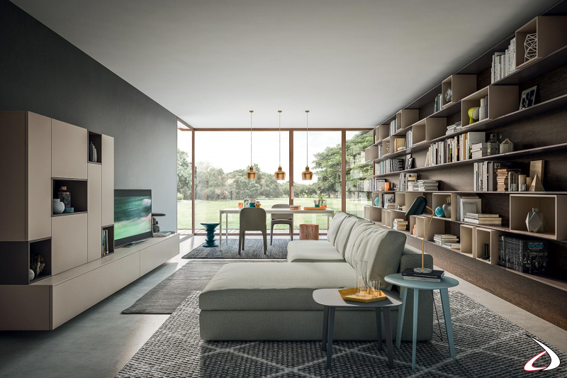 Design-Wand-TV-Lounge mit großen Schubladen, Hängeelementen und offenen Elementen
