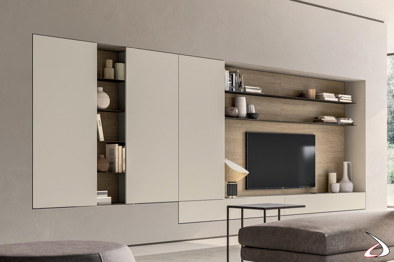 Salon moderne en plaques de plâtre avec panneaux arrière, bases de tiroirs et meubles hauts