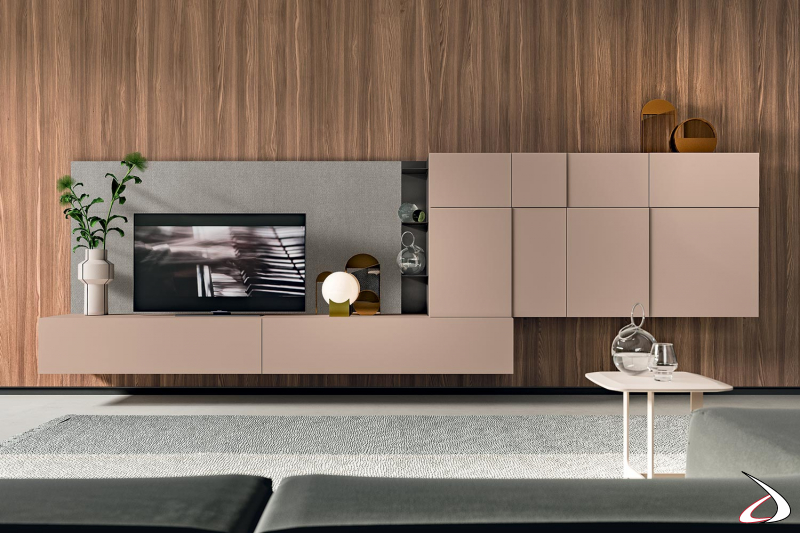 Modern wall-mounted wall unit with TV drawer bases