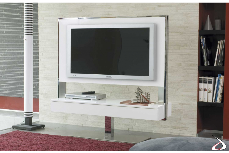 Porta tv girevole moderno in legno laccato bianco con cassetti