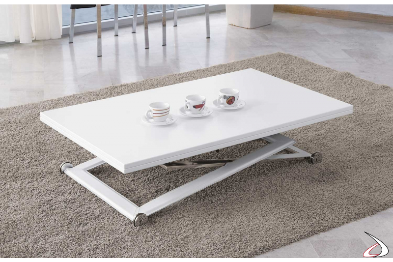 Tavolino trasformabile moderno bianco con struttura in acciaio e cuoio