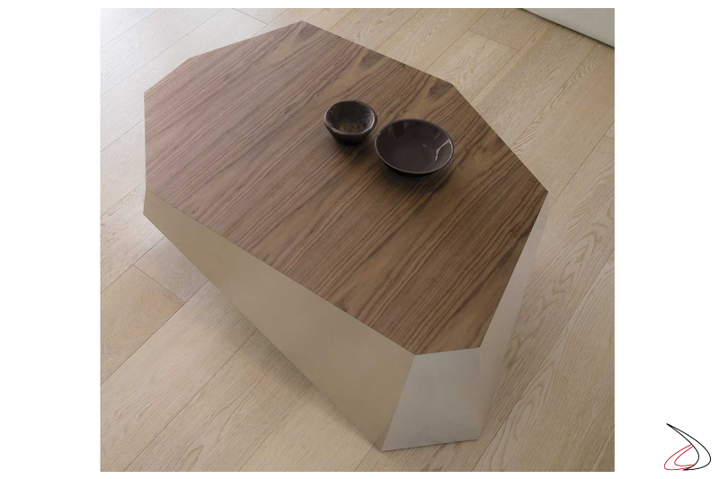 Tavolino moderno in legno noce canaletto e alluminio satinato
