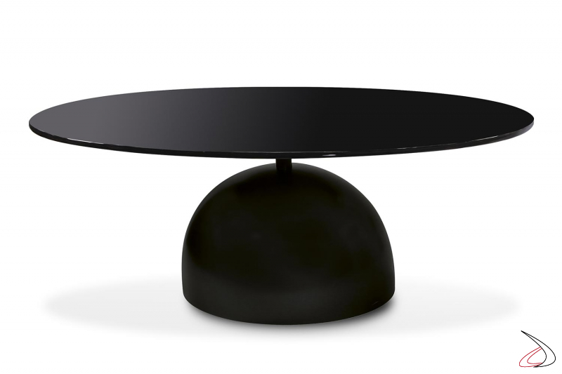 Tavolino nero rotondo di design con particolare basamento a sferico