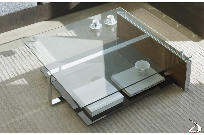 Tavolino quadrato da salotto con piano in vetro 