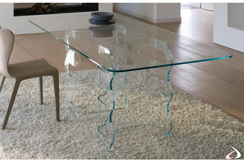Tavolo rettangolare in vetro trasparente con basamento centrale