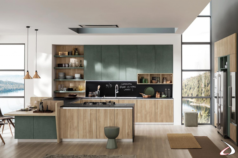 Modern customisable corner kitchen with peninsula and adjoining dining table