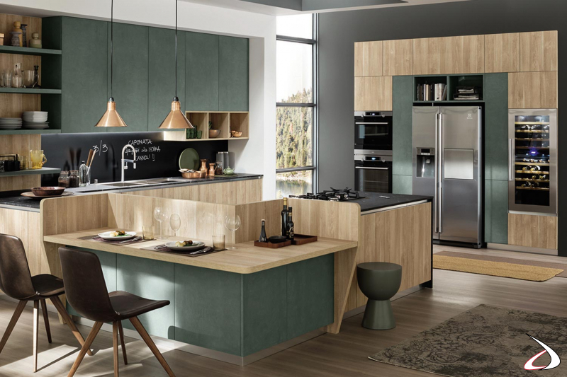 Modern customisable corner kitchen with peninsula and free-standing fridge/microwave, wine cellar and refrigerator columns