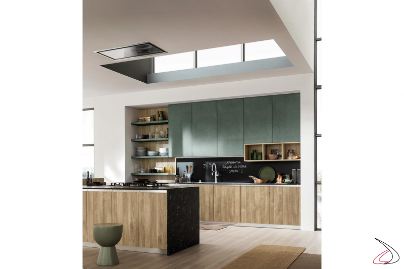 Modern made-to-measure corner kitchen with ceiling hood