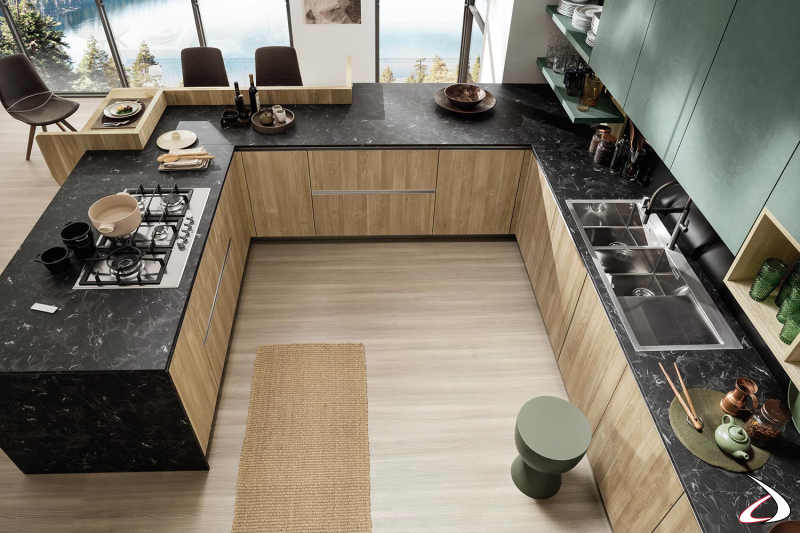 Modern corner kitchen with peninsula in wood-effect laminate with unicolor laminate top