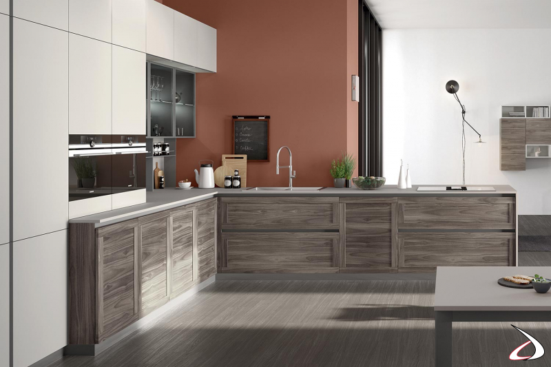 Design corner kitchen with peninsula and groove opening system