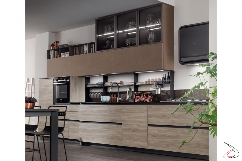 Design kitchen with throat opening, equipped channel for spices and led light under the wall unit