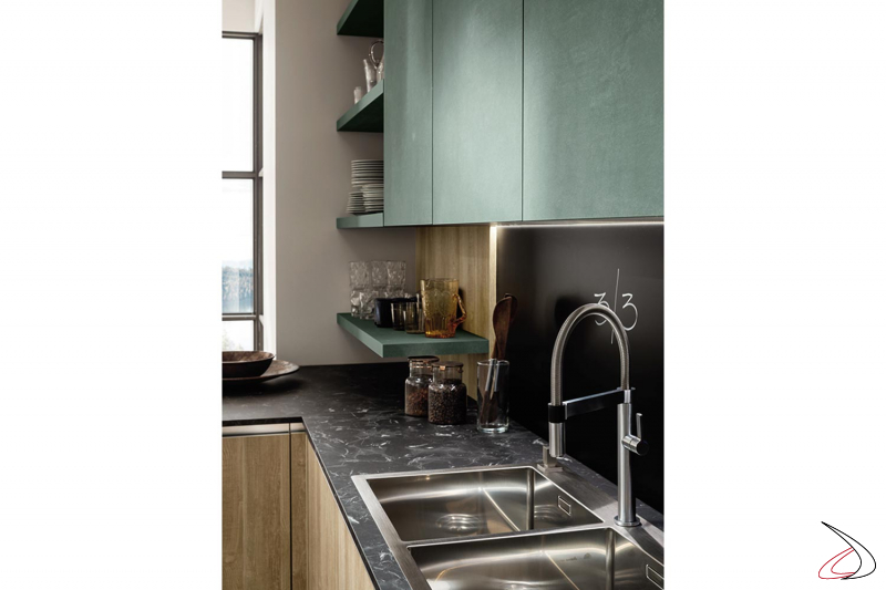 Customizable modern corner kitchen with two-bowl sink and unicolor laminate top