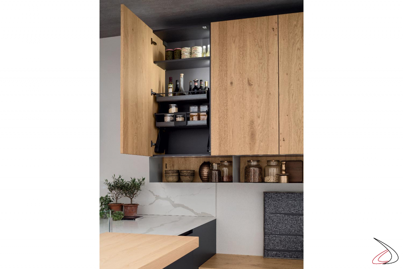 Modern made-to-measure kitchen with wall unit equipped with spice rack