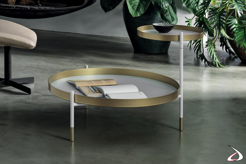 Tavolino di design da salotto con doppio vassoio rotondo girevole in colore oro e bianco