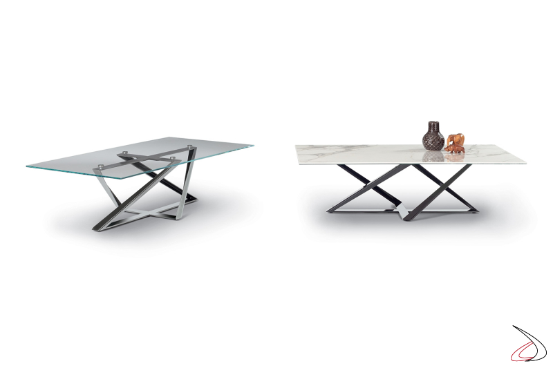 Tavolini rettangolari di design da salotto con basamento a rombo in acciaio piano in supermarmo e cristallo trasparente
