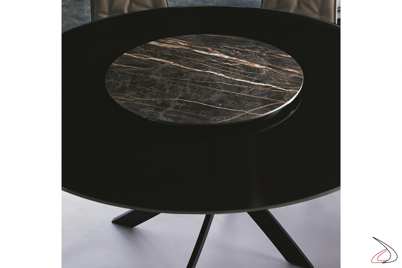 Tavolo rotondo in vetro lucido nero con lazy susan girevole in marmo noir desir