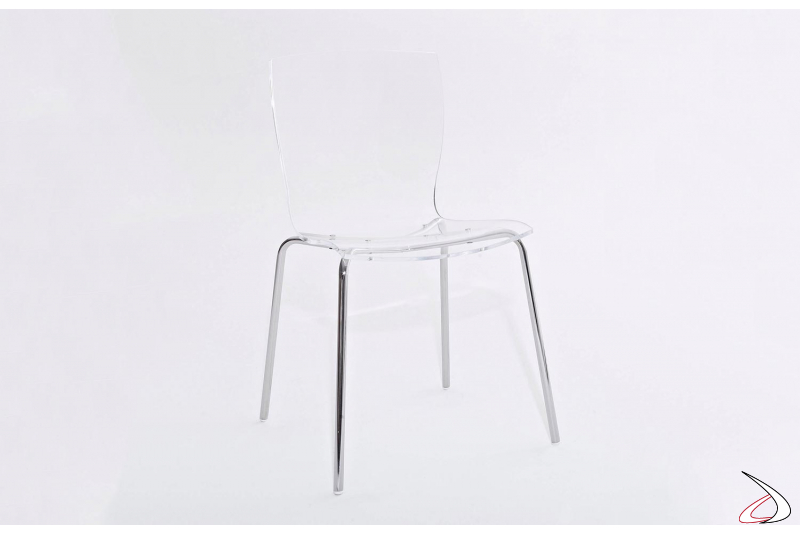 Sedia moderna trasparente in metacrilato con gambe in acciaio cromato