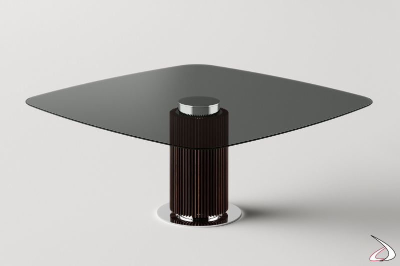 Tavolo Hybrid con basamento centrale composto da listelli in legno massello