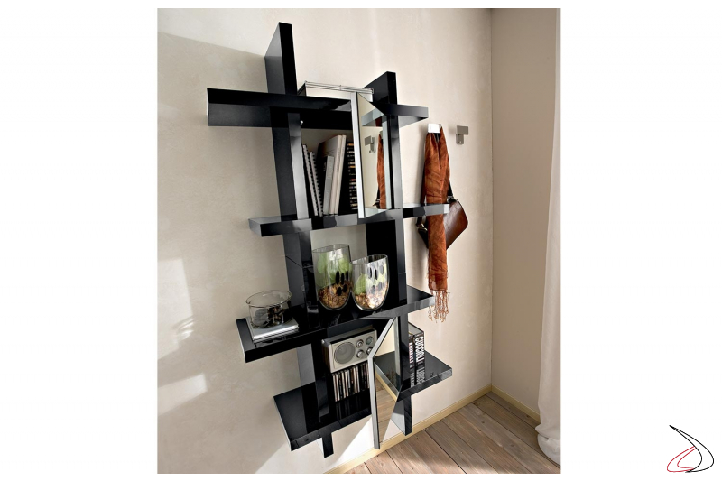 Pensile libreria verticale sospesa a parete soggiorno con ante a specchio