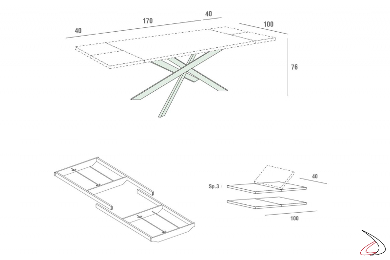 Schema tavolo con gambe in metallo e guide per l'allungamento tavolo