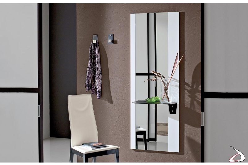 Specchio bianco moderno da ingresso con mensola in cuoio
