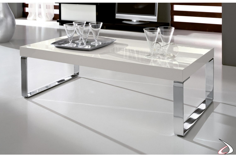 Tavolino moderno bianco lucido con gambe a slitta cromate