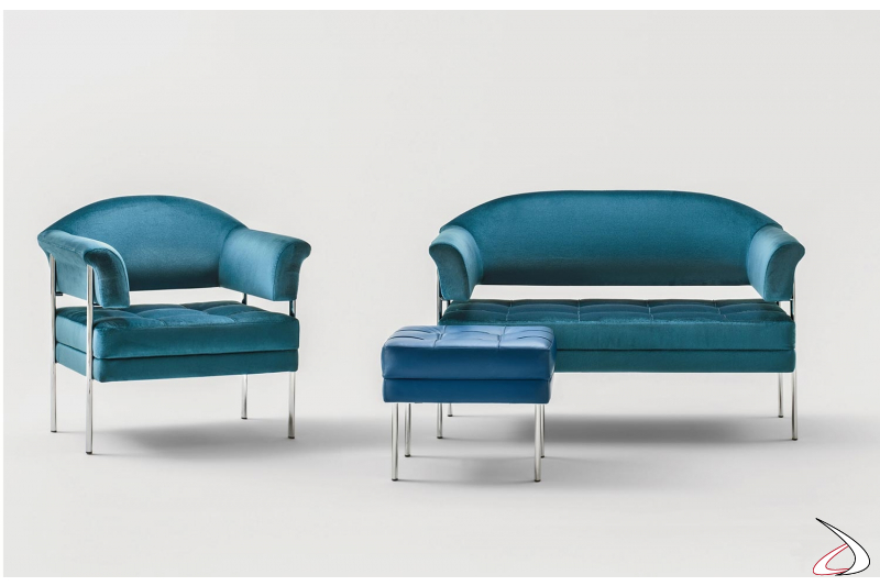 Sedute sala attesa ufficio con pouf poltrona e divanetto in ecopelle blu