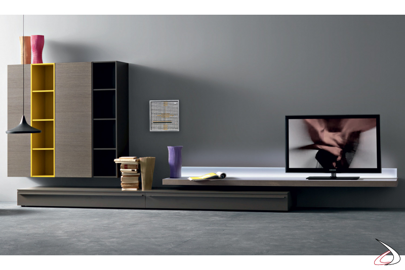 Mobile soggiorno moderno composto da pensili, basi e pianale con illuminazione porta tv