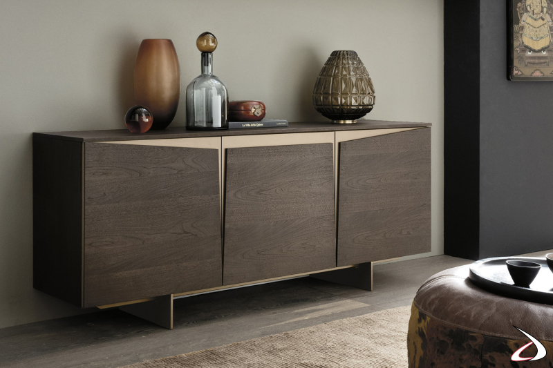 Modern designer living room sideboard in walnut wood with bronze lacquered profiles