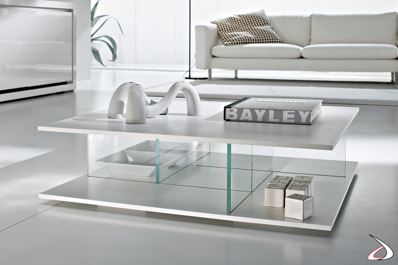 Low square design coffee table in white matt lacquer with glass dividers