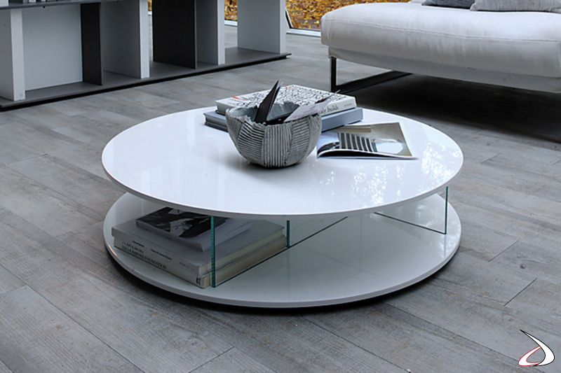 Low round designer coffee table in white glossy lacquer with glass partitions