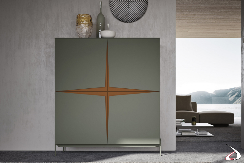 Design high sideboard with 4 doors in fango matt lacquer with star-shaped decoration in cherry colour