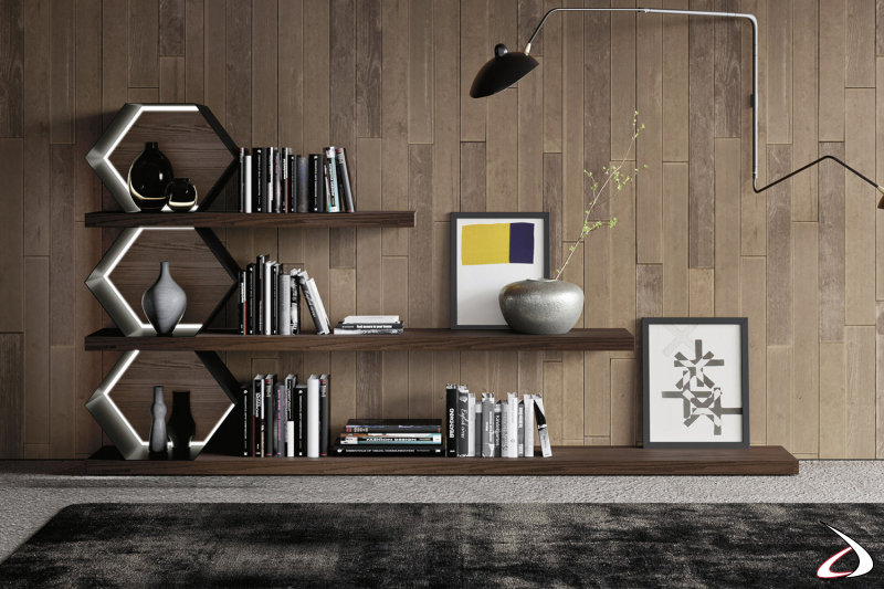 Libreria di design modulare ad esagoni retroilluminati e mensole in legno