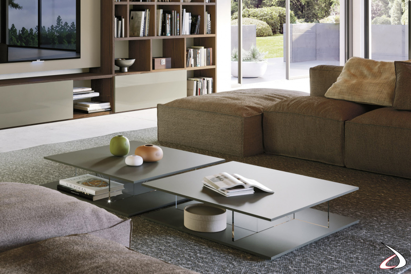 Low square coffee tables for living rooms with glass partitions