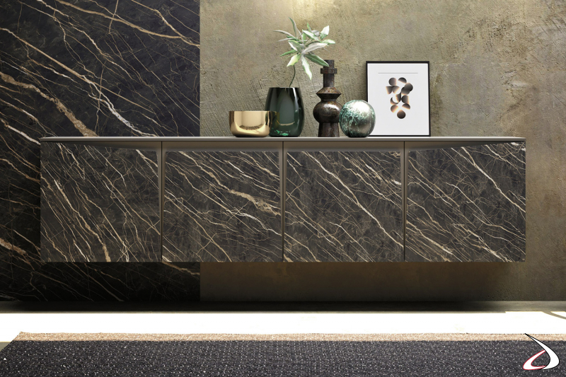 Design-Wohnzimmer-Sideboard mit schrägen Türen aus Laminam noir desir
